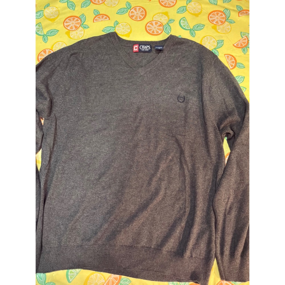 Preppy Mens Chaps V-Neck Sweater M Charcoal Grey Cotton Cashmere Blend